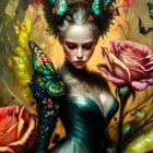 Fantasy portrait of woman with butterfly wings and roses