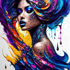 Colorful flowing hair merges with paint splashes in vibrant artwork