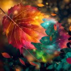 Colorful Autumn Leaf Surrounded by Floating Leaves on Bokeh Background