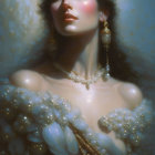Portrait of Woman with Adorned Headpiece and Pearls in Soft Background