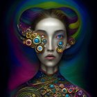 Colorful surreal portrait with metallic patterns and iridescent orbs on dark background