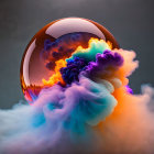 Colorful digital artwork: spherical object with fiery cloud on grey background