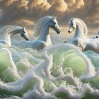 Ethereal white horses emerge from ocean waves under dramatic sky