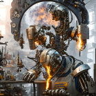 Robotic Figure in Sci-Fi Factory Amidst Flames and Machinery
