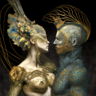 Fantastical figures with bee-themed masks in dark setting