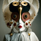 Detailed surreal portrait with stylized white mask and ornate gold details.