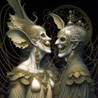 Surreal gothic artwork with ornate skull-faced figures