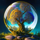 Vibrant sphere on otherworldly tree in twilight forest