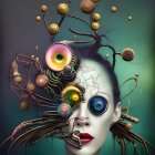 Abstract surreal portrait with mechanical eyes and dreamlike atmosphere