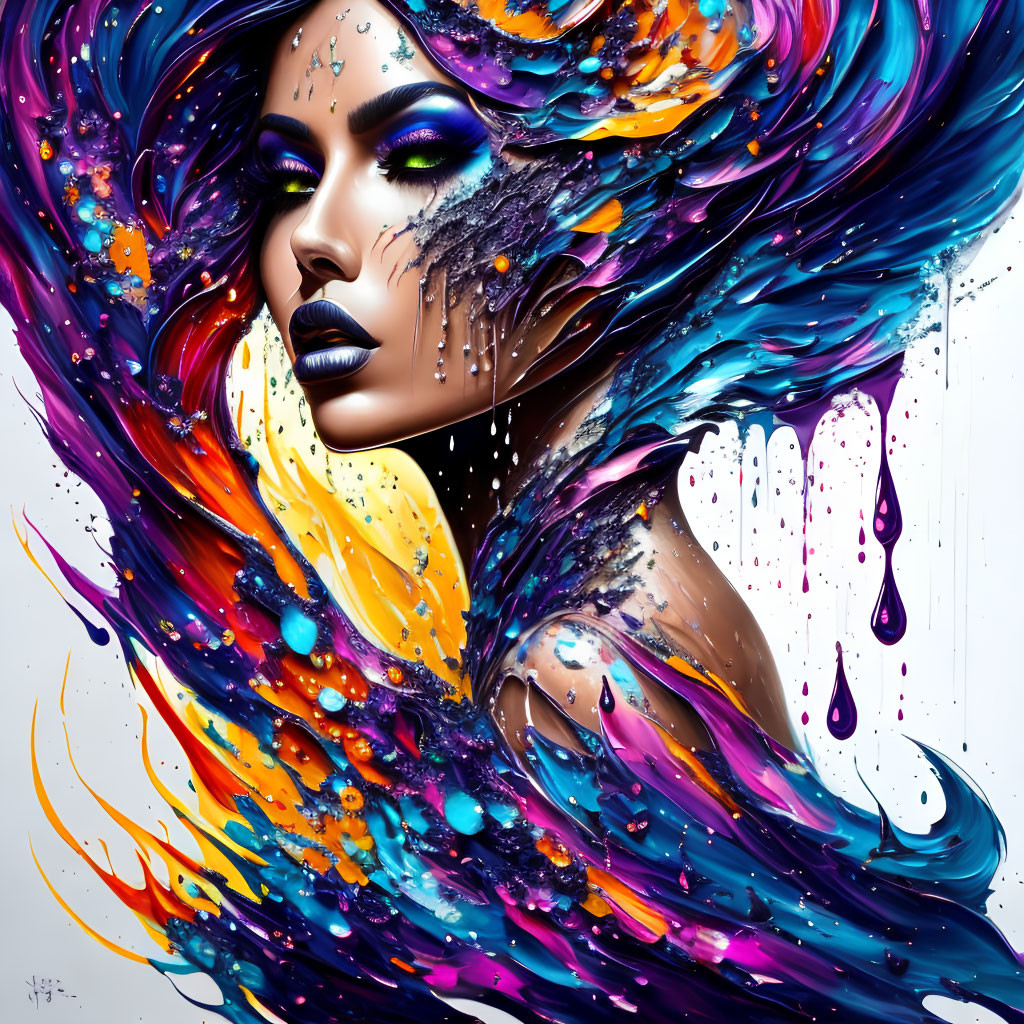 Colorful flowing hair merges with paint splashes in vibrant artwork