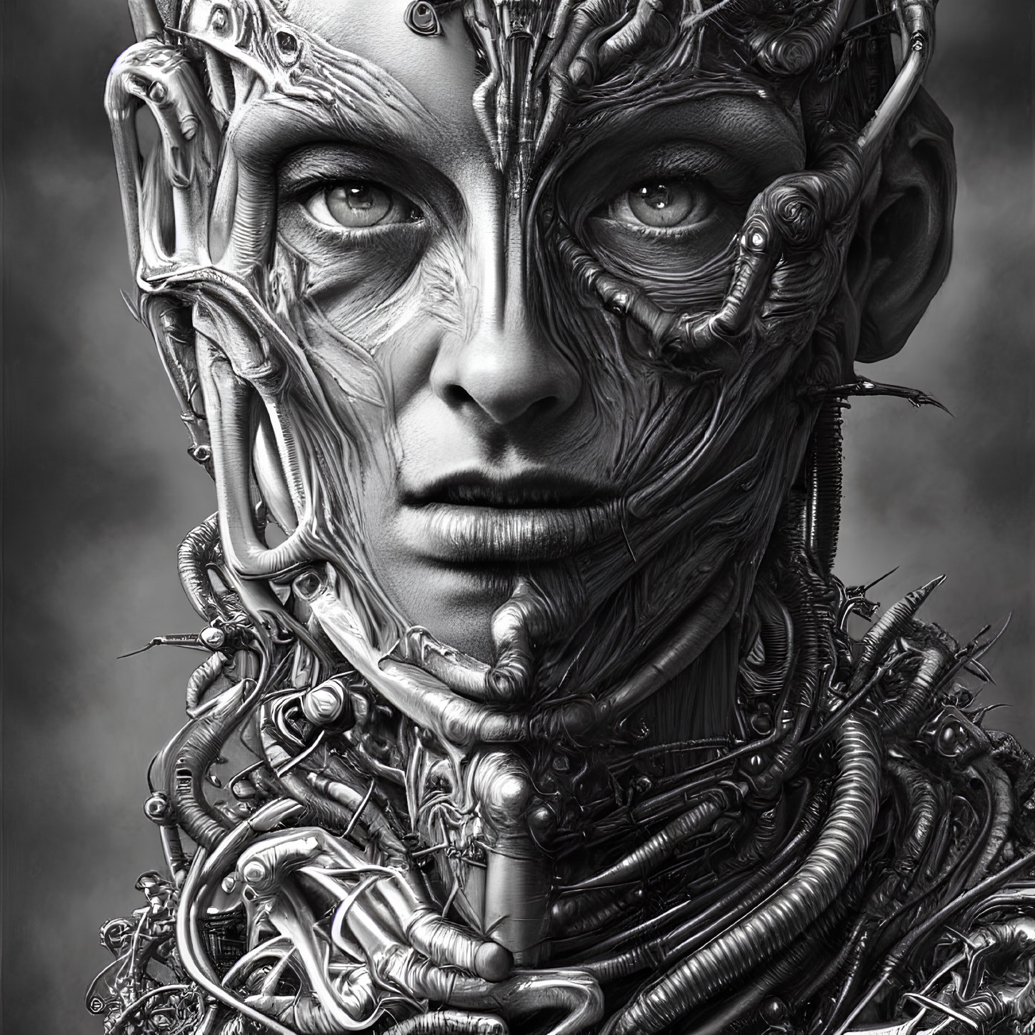 Detailed Greyscale Portrait of Human-Mechanical Fusion