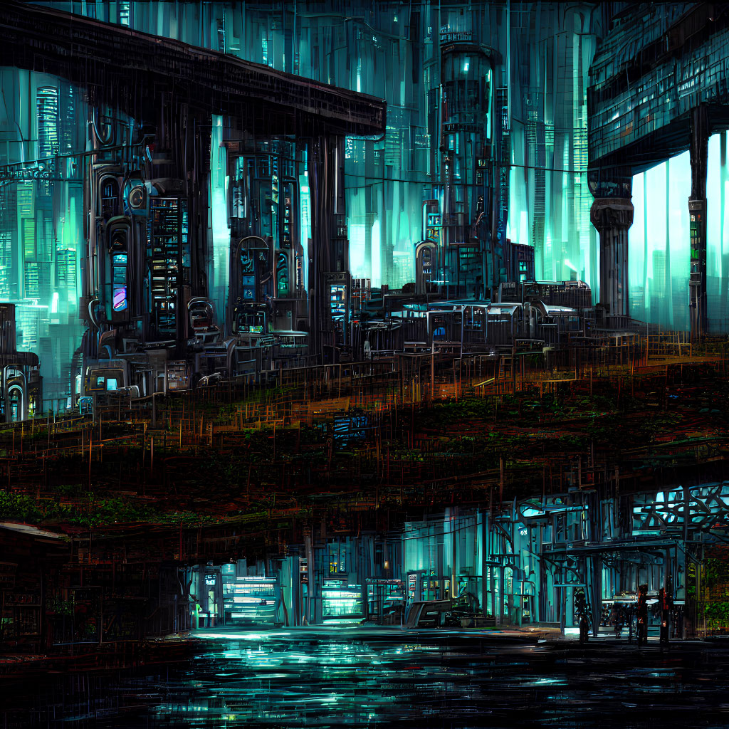 Cyberpunk cityscape at night: towering structures, neon lights, futuristic decay