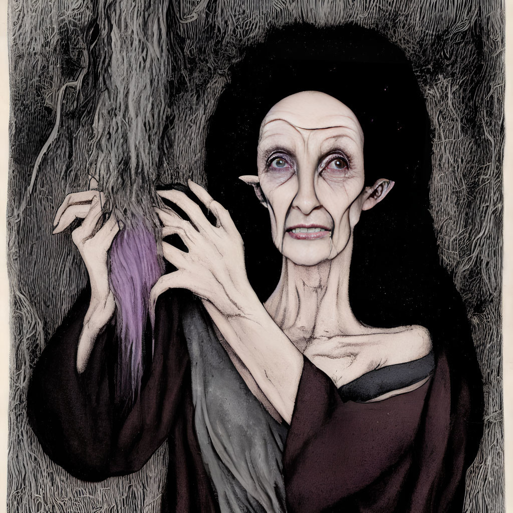 Elderly female figure with pointed ears and pale skin clutching purple hair