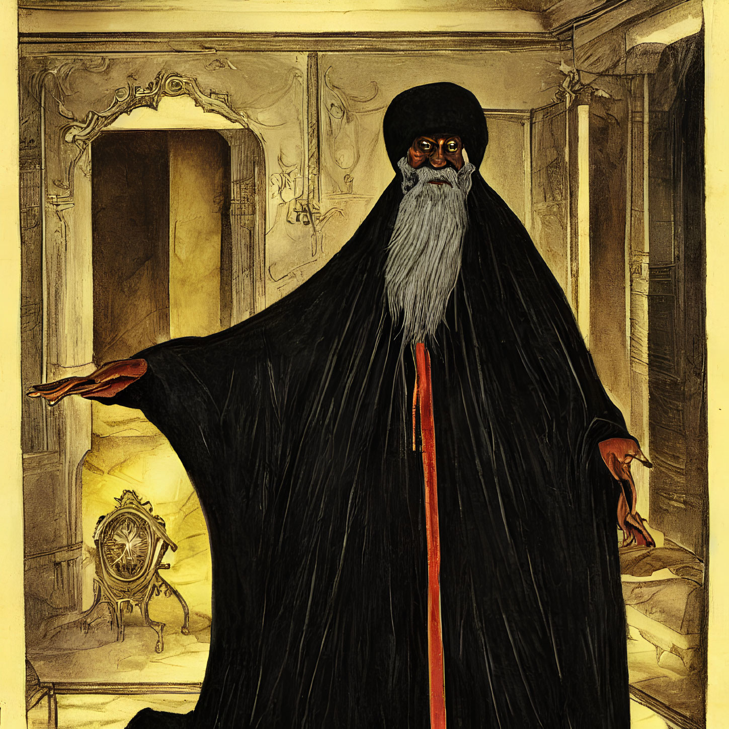 Bearded figure in dark robe and hat with staff in ornate room