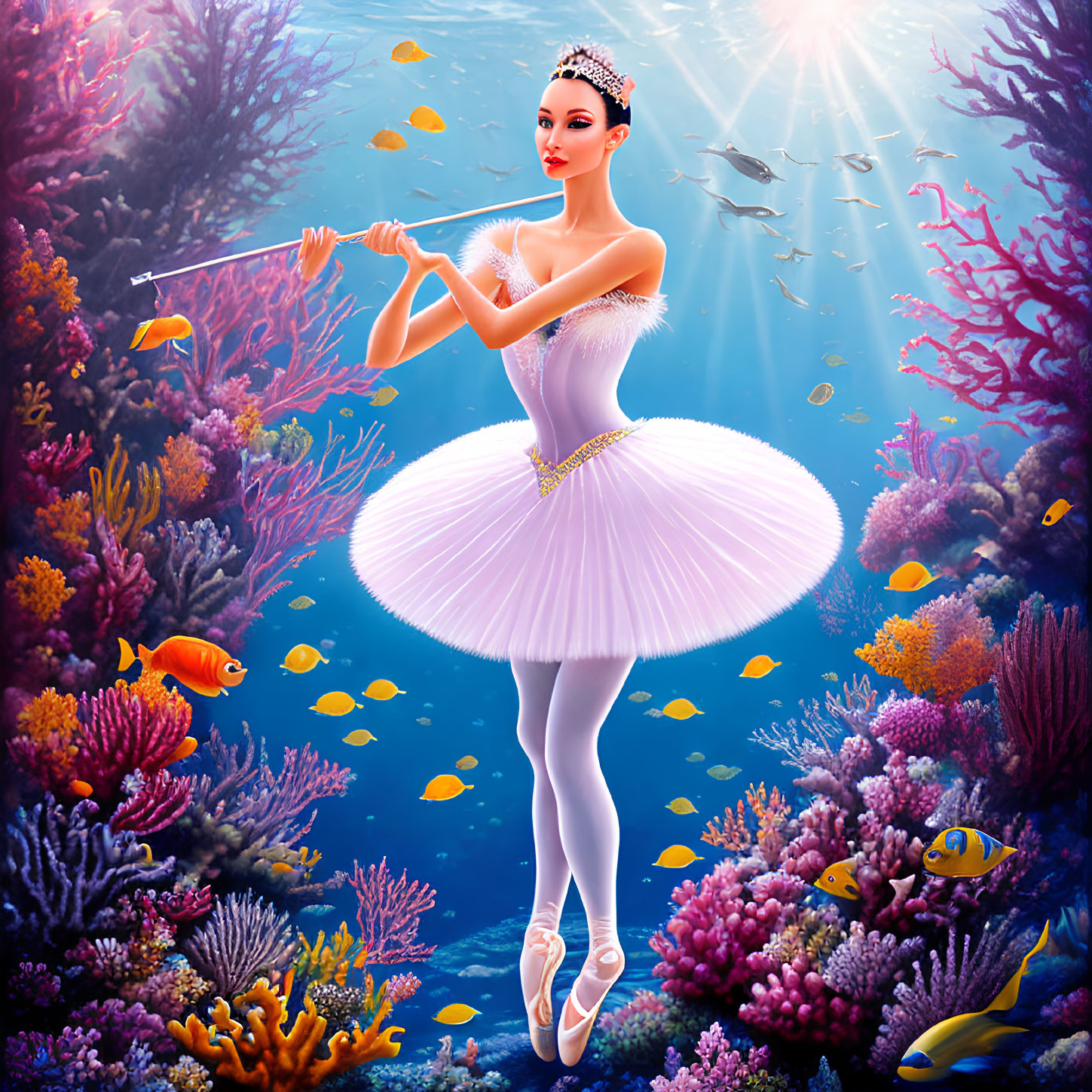 Graceful animated ballerina in white and purple tutu dances underwater among colorful coral reefs and tropical