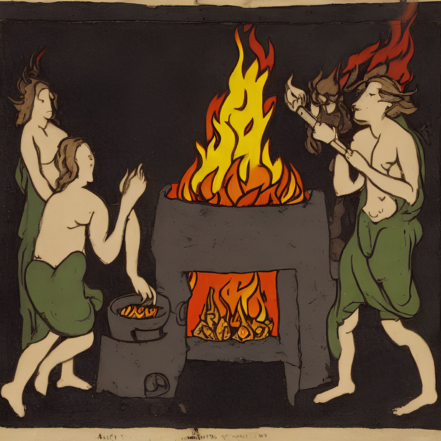 Stylized artwork of three humanoid figures around a blazing fire