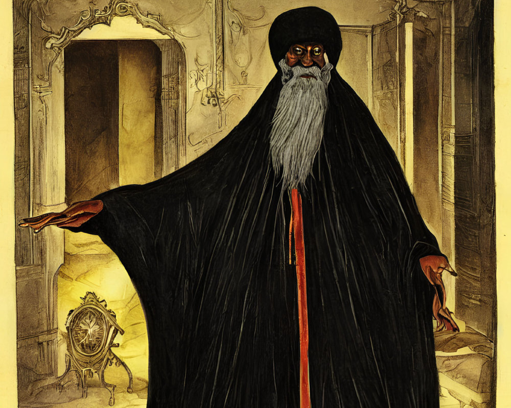 Bearded figure in dark robe and hat with staff in ornate room