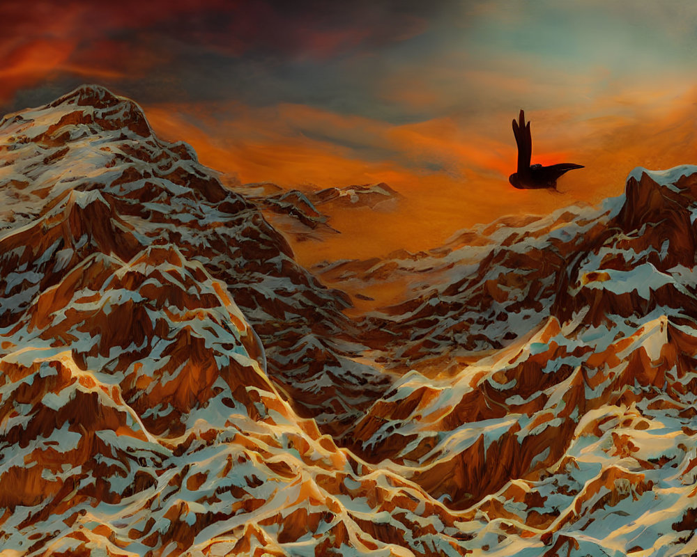 Majestic eagle flying over snow-capped mountains at sunset