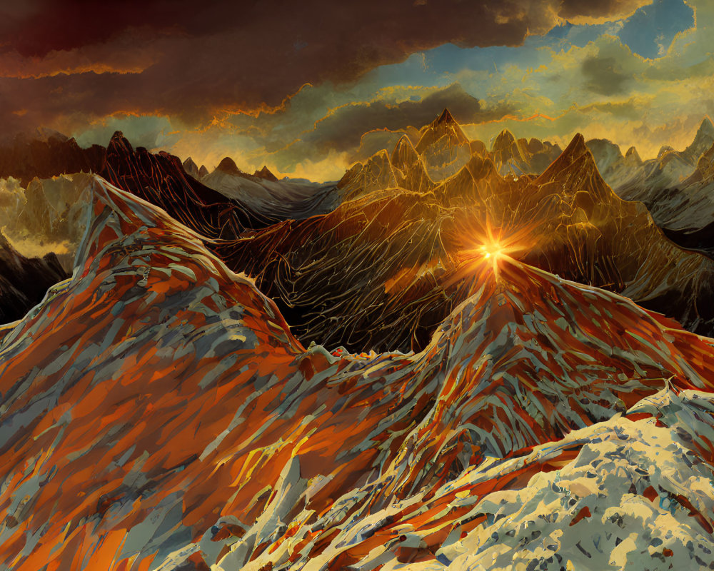 Vibrant sunset over rugged snow-capped mountains