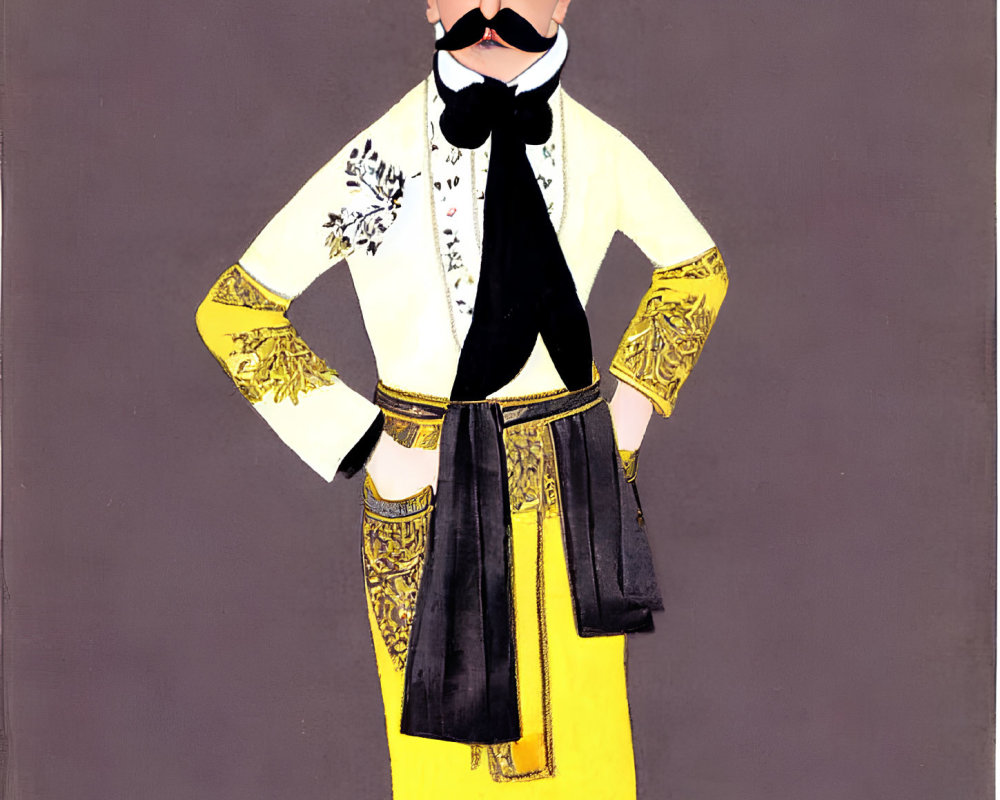 Traditional Attire Illustration: Man with Embroidered Jacket and Large Mustache