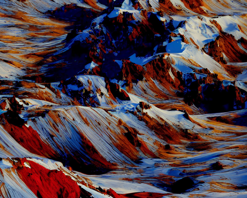 Snow-covered mountain landscape with red-brown earth under harsh light