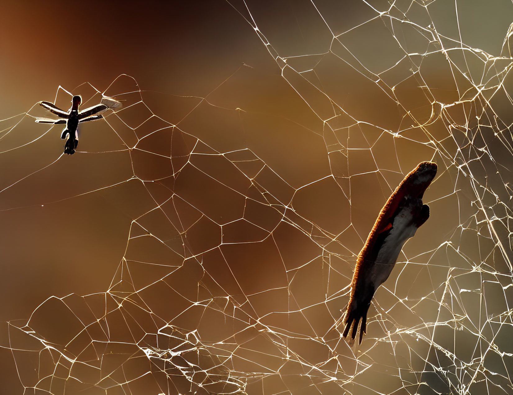 Drone caught in spider's web at sunset with false silhouette of approaching spider.
