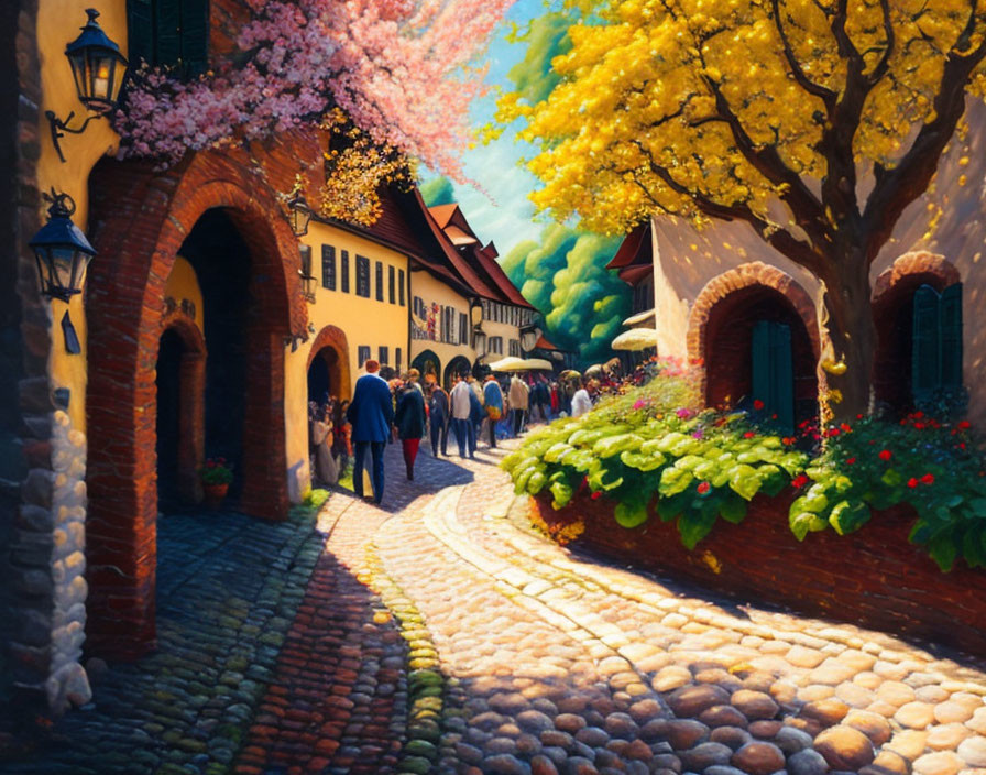 Scenic cobblestone street with blooming trees and old architecture