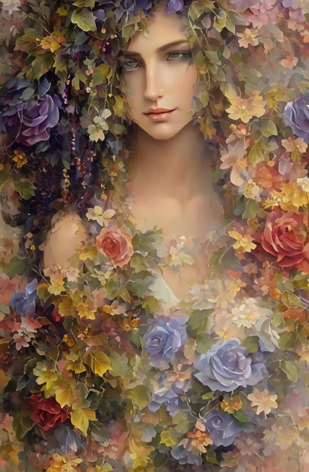 Woman surrounded by multicolored flowers and leaves in ethereal frame.