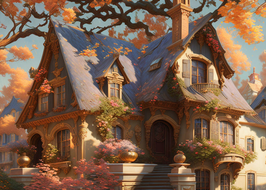 Blue-roofed cottage surrounded by autumn trees and ivy in warm sunlight