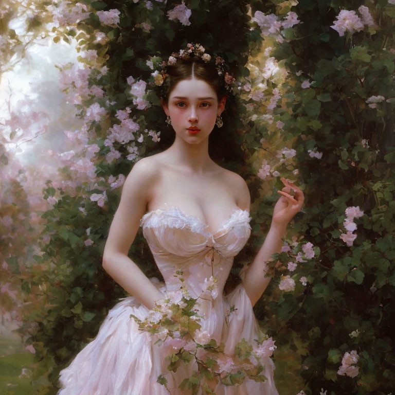 Young woman in white gown with flowers in hair among blooming bushes