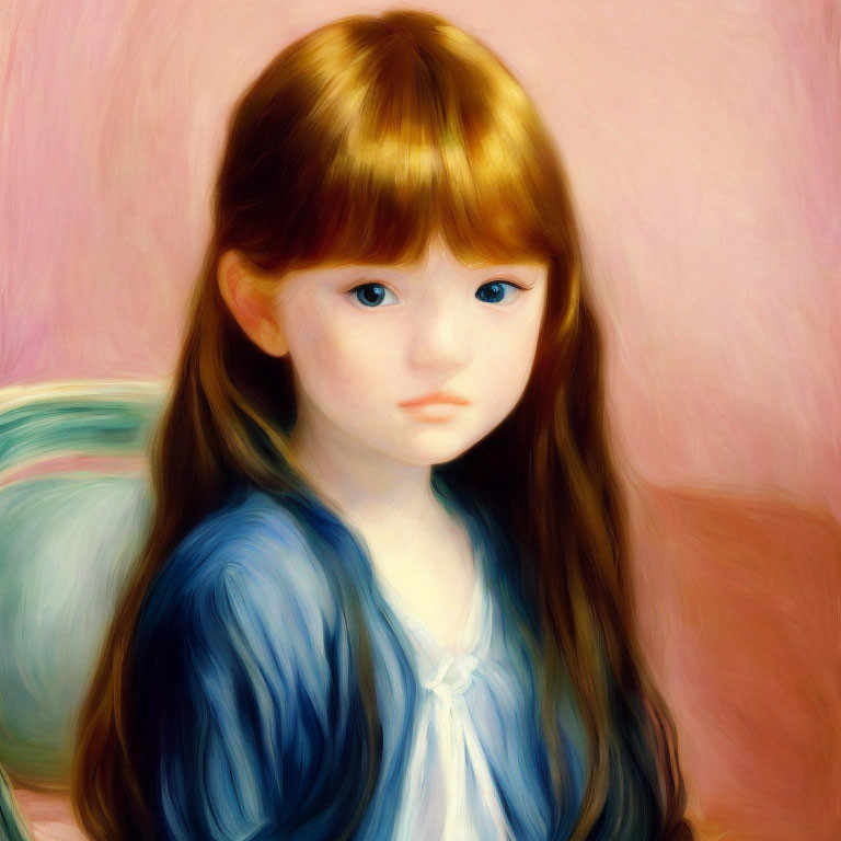 Young girl with red hair and blue dress on pastel background