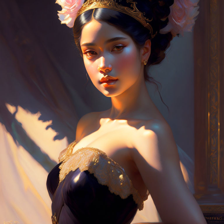 Regal woman in black and gold dress with tiara, in sunlit room
