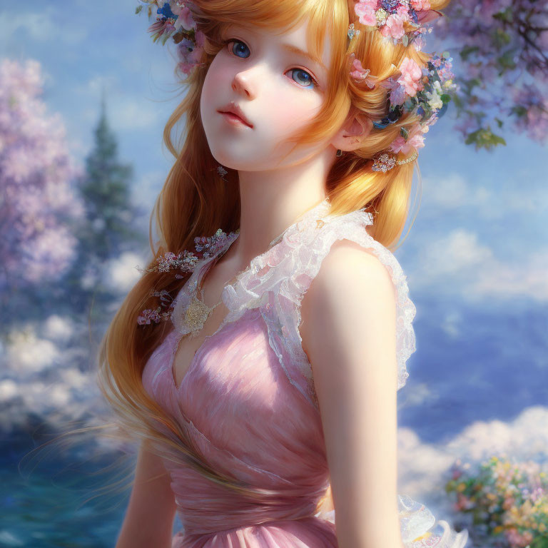Fantasy girl digital art portrait with blue eyes and floral crown in cherry blossom backdrop