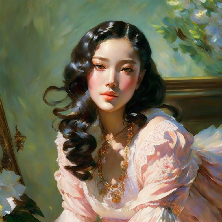 Portrait of Young Woman in Pink Dress with Gold Jewelry