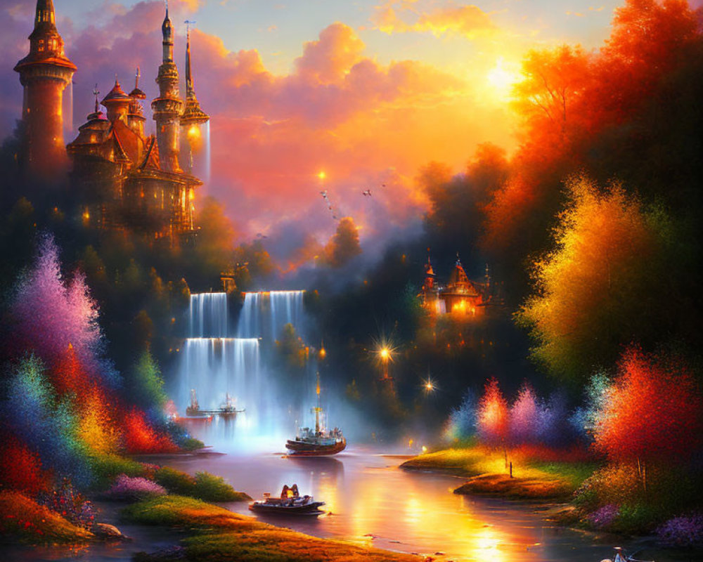 Fantastical sunset landscape with castle, waterfalls, river, boats, and colorful foliage