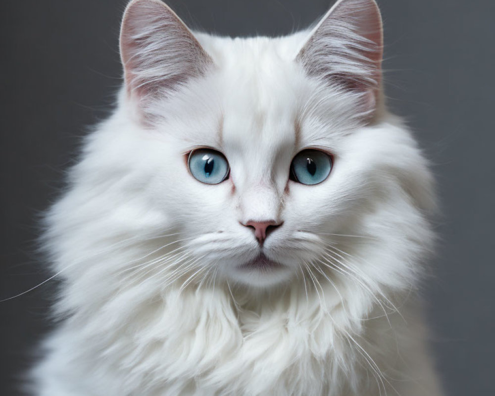 Fluffy White Cat with Striking Blue Eyes Against Gray Background
