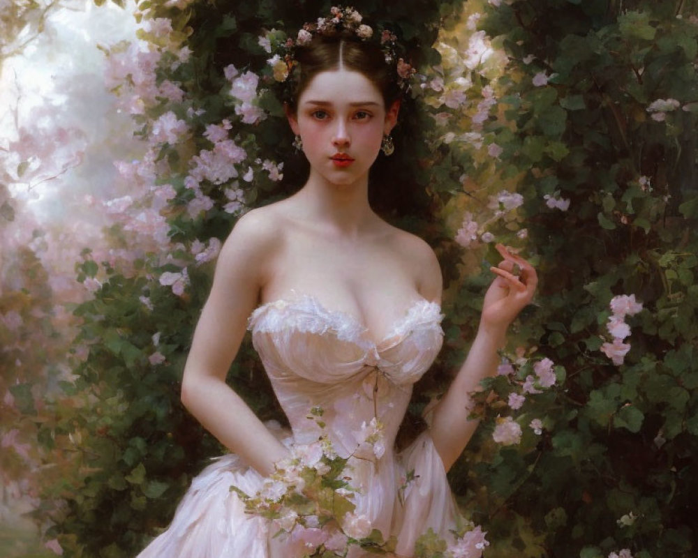 Young woman in white gown with flowers in hair among blooming bushes