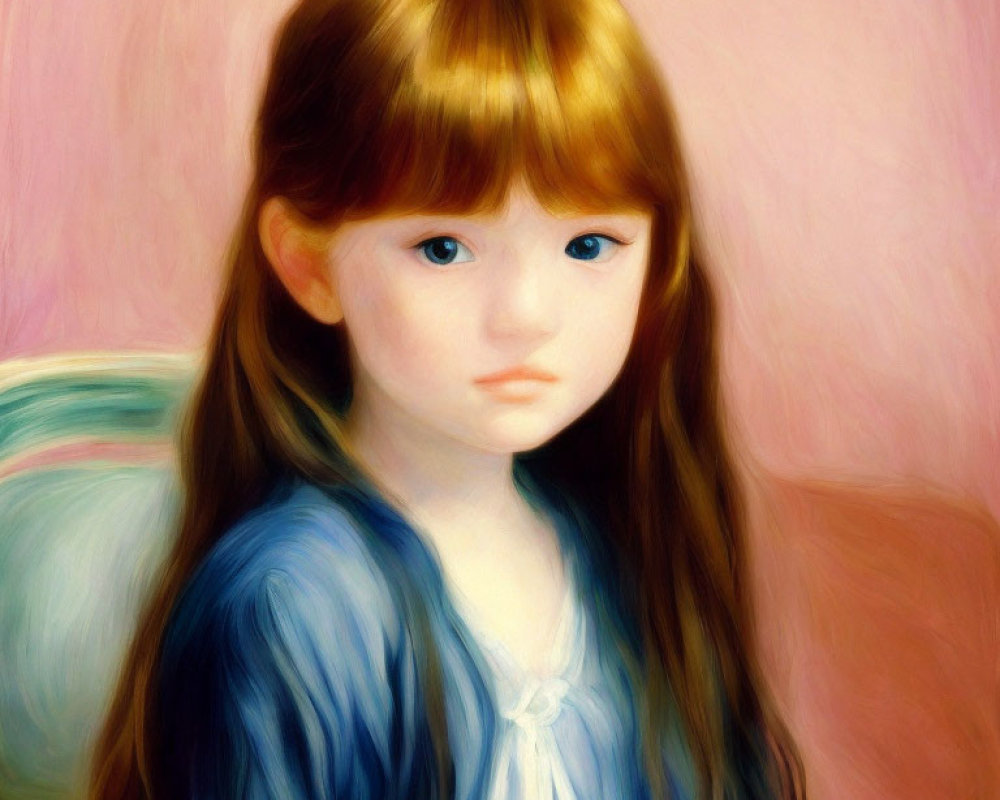 Young girl with red hair and blue dress on pastel background