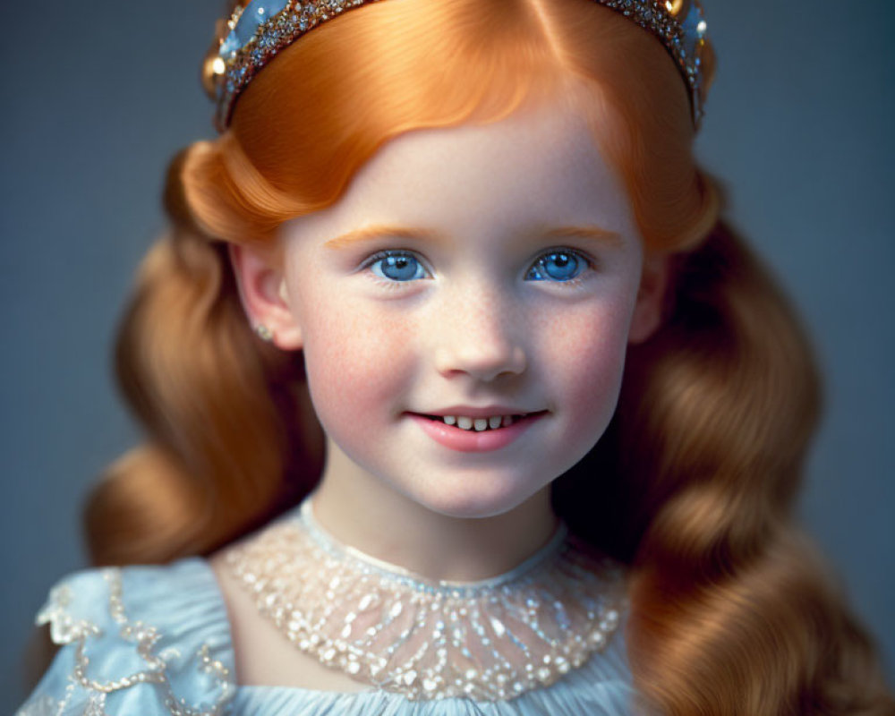 Digitally-rendered image of young girl with crown, blue eyes, ginger hair in braids on