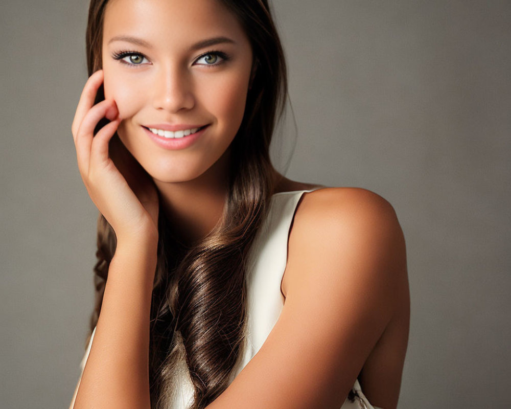 Smiling young woman with long hair in sleeveless top on grey background