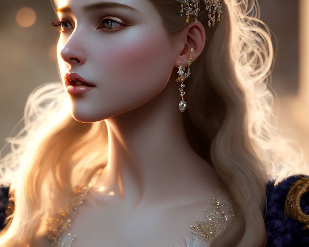 Portrait of woman with golden hair and delicate jewelry in warm light
