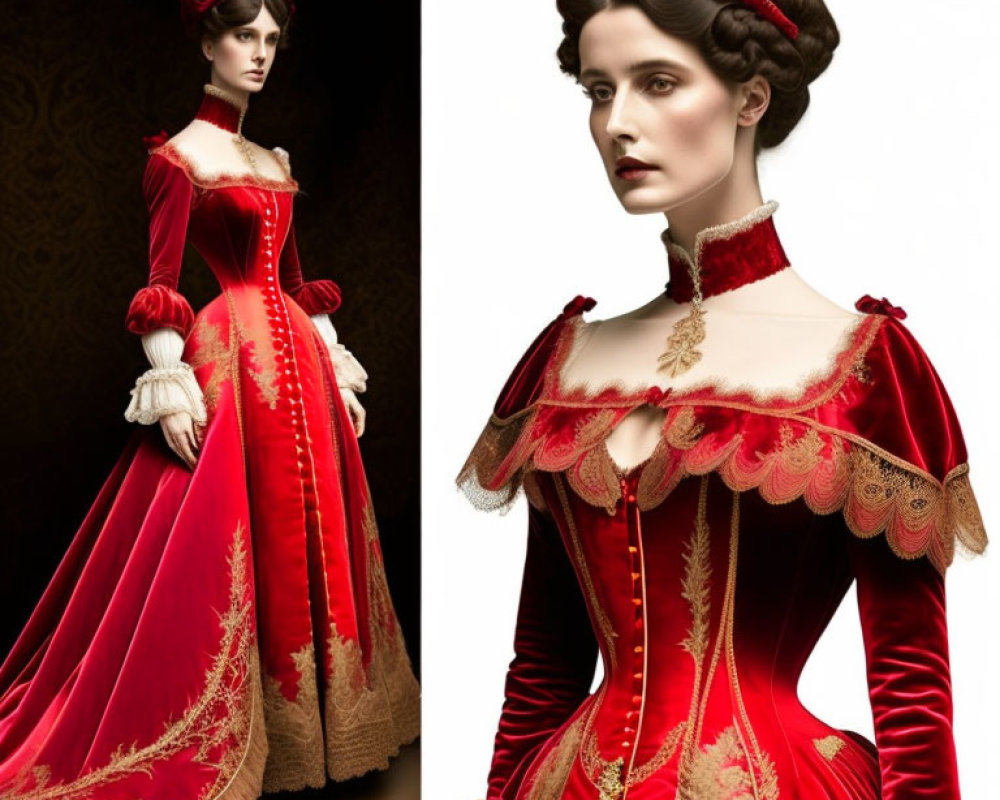 Victorian woman in red dress with gold embroidery on dark background