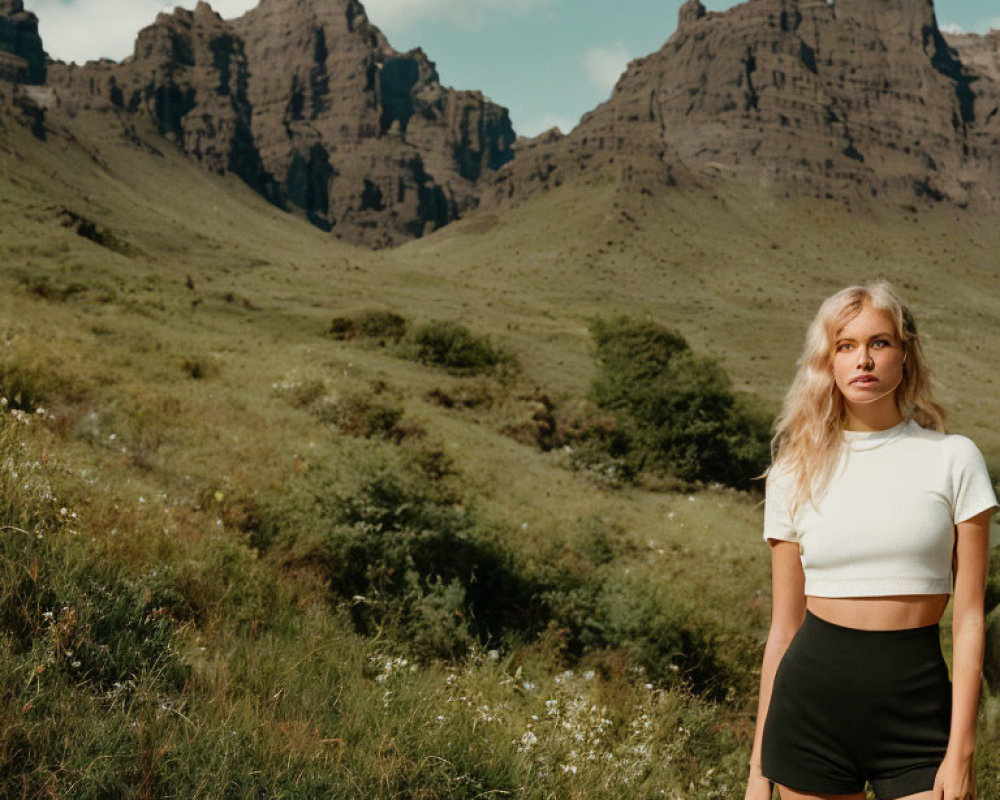 Young woman in white top and black shorts in grassy field with dramatic mountains and cloudy sky.