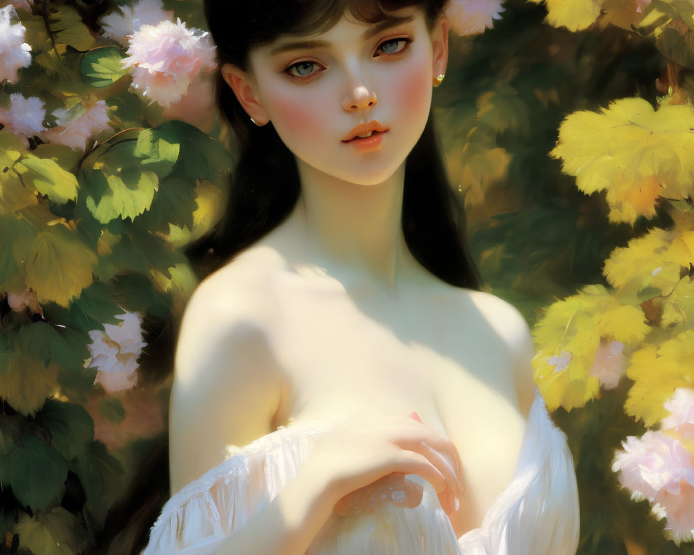 Digital Artwork: Young Woman Among Blooming Flowers