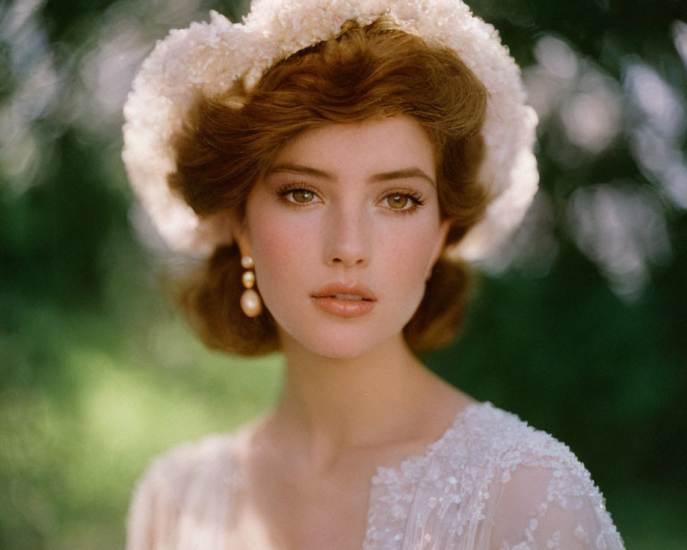 Woman in white fluffy hat and elegant dress with pearl earrings gazes softly.