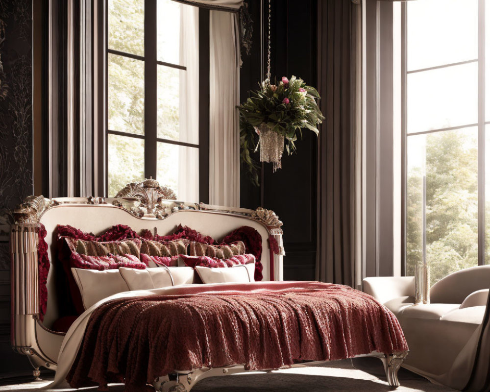 Luxurious Carved Bed in Elegant Bedroom with Plush Red Bedding