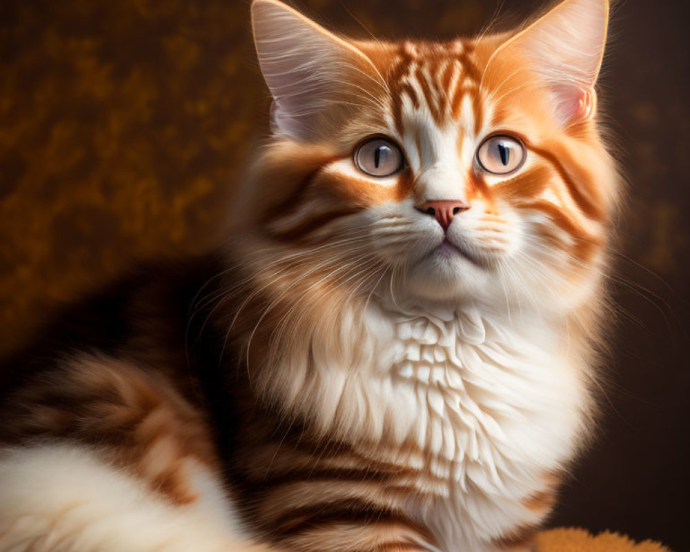 Fluffy orange and white cat with blue eyes on brown background