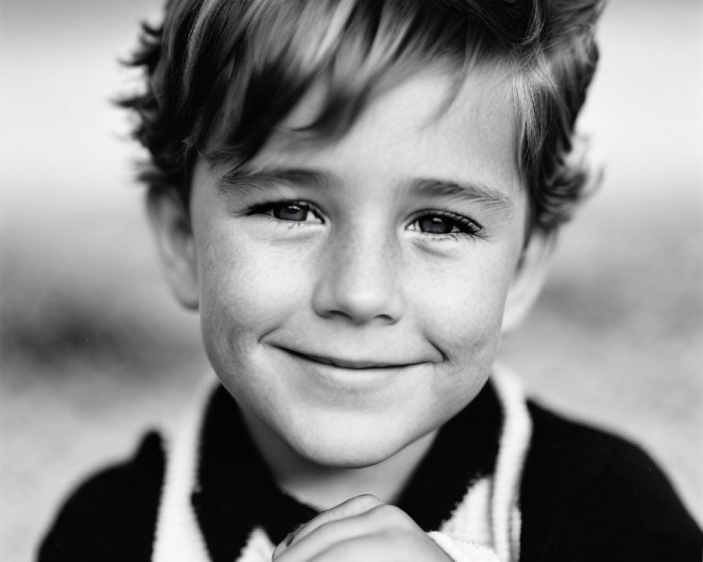 Monochrome portrait of a smiling young boy with tousled hair in a collared shirt