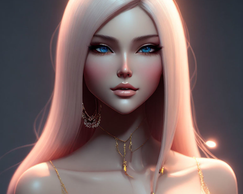 Illustration of woman with pale pink hair and blue eyes in gold jewelry against muted background