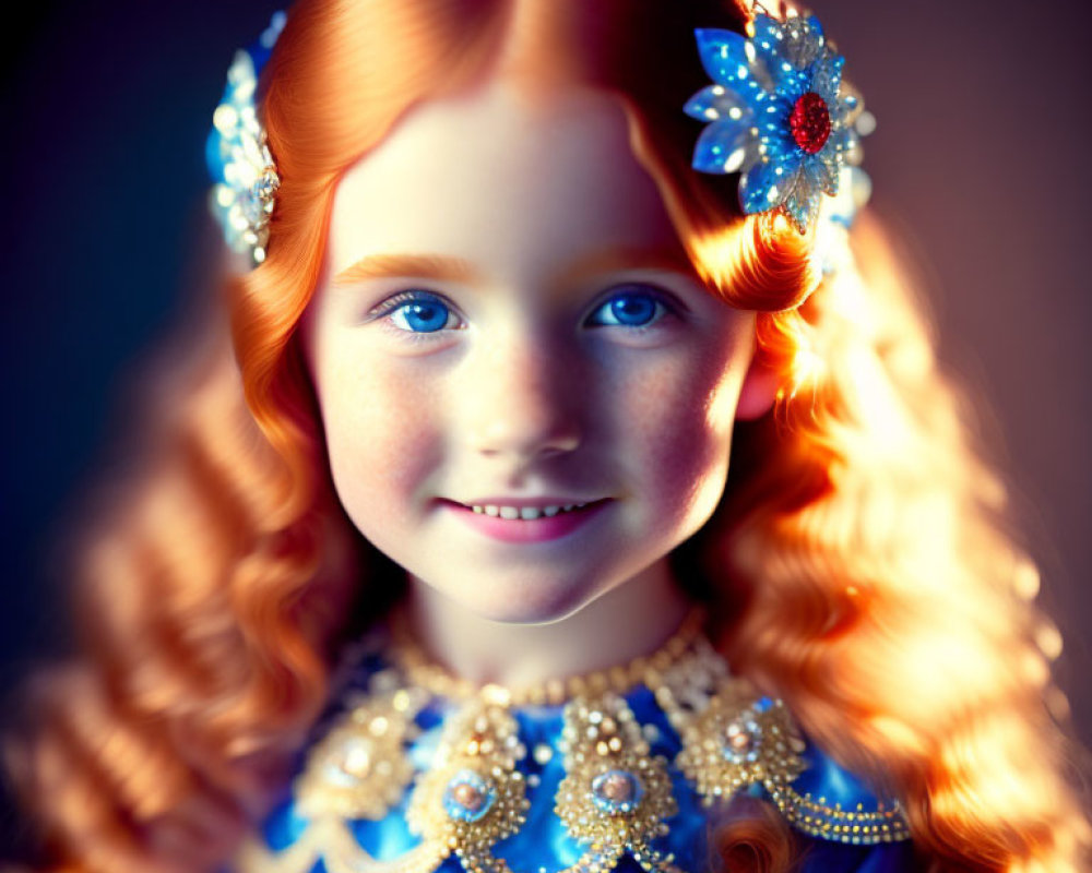 Curly Red-Haired Girl in Blue Dress with Floral Adornments